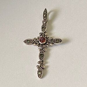 Vintage Sterling Silver Cross Pendant with Marcasites & Red Gemstone